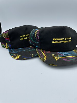 #ad Lot of 2 1980s Style Vintage Snapback Hats Black Neon Fish Pattern Border States $12.00