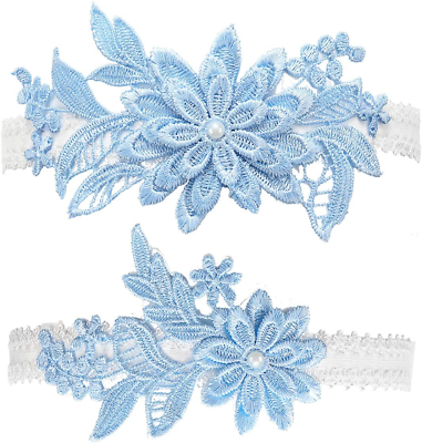#ad Wedding Garters Set Lace Bridal Garter Stretchy Floral Garter for Bride Blue Whi $15.58