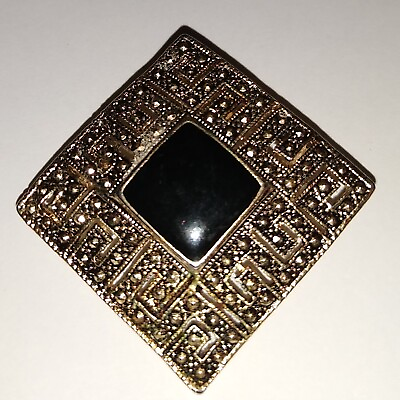 #ad Vintage Art Deco Marcasite amp; Black Enamel Brooch Pin Pendant $10.99