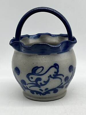 #ad Wisconsin Pottery Blue Bunny Handmade Stoneware Basket Columbus WI 1992 $39.95