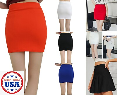 #ad Women Basic Mid Waist Pencil Bodycon Mini Skirt Pleated Stretch Office Dress $16.99