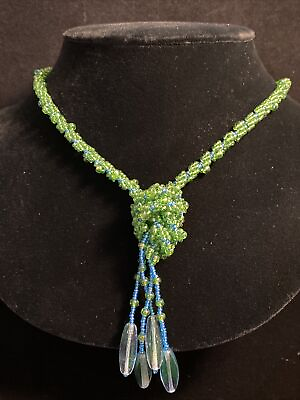 #ad Vtg Costume Jewelry Green Beaded Necklace 34” Knotted Pendant $20.99