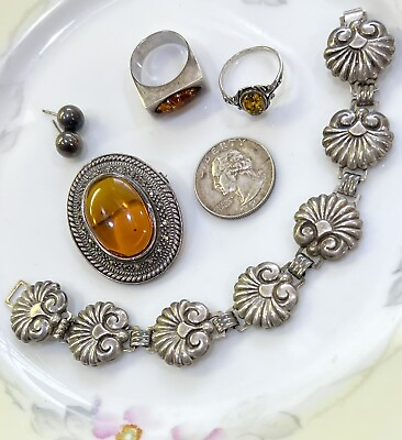 #ad Antique VTG Sterling Jewelry Lot Book Link Bracelet Amber Brooch Rings Earrings $72.00