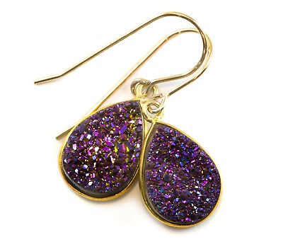 #ad 14k Gold Druzy Earrings Peacock Purple Teardrops Bezel Set Drusy Sterling Drops $35.00
