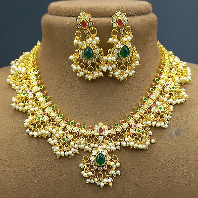 Indian Bollywood Golden Kundan Bridal Choker Pearl Necklace Fashion Jewelry Sets $50.83