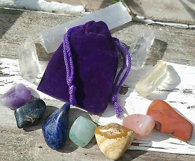 7pc Chakra Alignment Tumble Crystal Set Selenite Charging Stick Purple Velvet $13.72