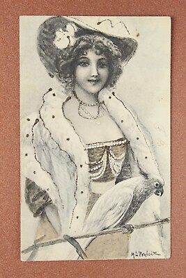 #ad 🌹Antique postcard 1914s by Praloix. Glamor Fashion Rich woman. White Parrot $30.00