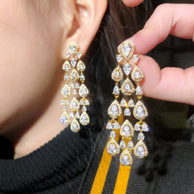 #ad Sparkling Cubic Zircon Gold Plated Long Chandelier Drop Earrings Wedding Jewelry $12.39