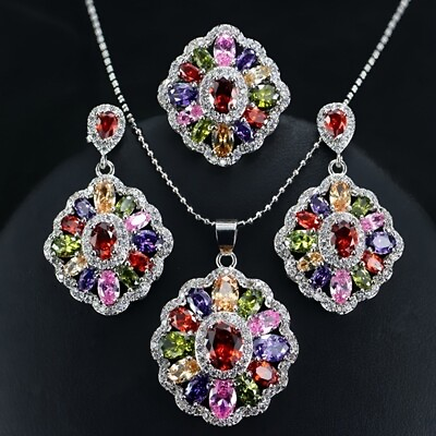 #ad #ad 4Pcs Set Colorful Zircon Crystal Pendant Necklace Earrings Ring Jewelry Set Gift C $4.87