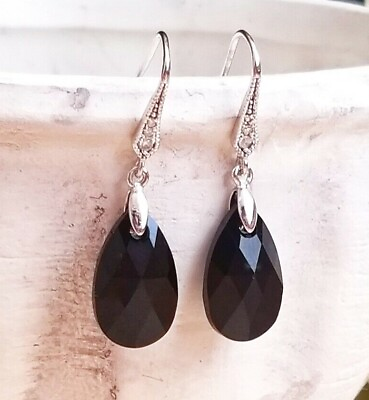 #ad Jet Black Crystal Teardrop Pear Dangle Drop Silver Earrings Swarovski Elements $28.00