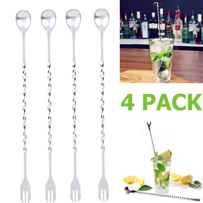 #ad 4x Bar Spoon Cocktail Mixing Stirrers for Drink Stainless Steel 10quot; Long Handle $11.99