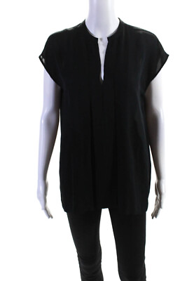 #ad Vince Womens Black Silk V Neck Pleated Sleeveless Sheer Blouse Top Size S $52.45