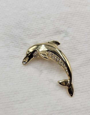 #ad Gold Tone Metal Jumping Dolphin Brooch Pin With Clear Stones $11.96