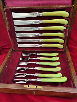 #ad AaNGLISHAntique ALL STERLING SilverDESSERT FRUIT Set Serving 6Fork Knife 190? $825.00