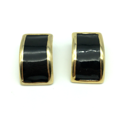 #ad Vintage Black Enamel Gold tone Half Hoop Earrings chunky pierced $4.50