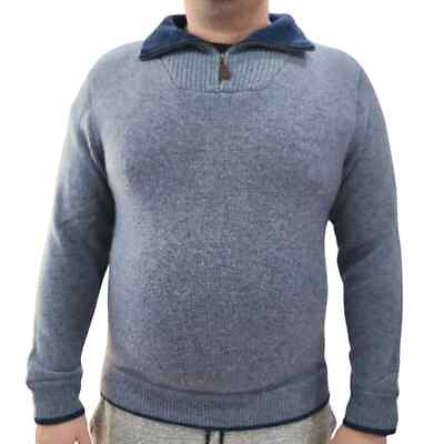 #ad Emerald Style Irish Wool Sweater Mens Large Blue Pullover Zip Neck Lamb 2 tone $49.95