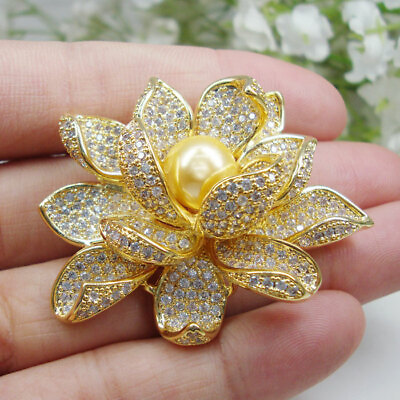 #ad New Elegant Zircon Crystal Lotus Flower Woman Brooch Pin Brown Pearl Jewelry $13.27