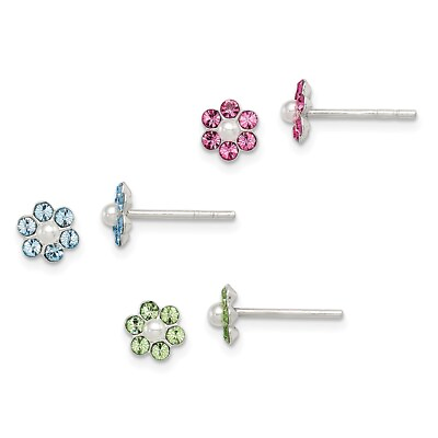 #ad 6mm 925 Silver Childrens Stellux Crystal amp; Simulated Pearl Flower Earrings Set $53.95