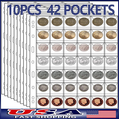 #ad 42 Pockets 10 Sheets Coin Binder Inserts Sleeves Collection Pages with 9 Hole $11.99