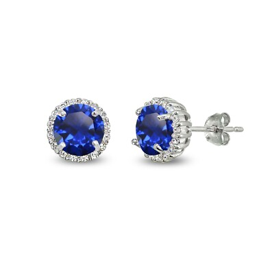 #ad 6mm Round Halo Created Blue Sapphire amp; Cubic Zirconia 925 Silver Stud Earrings $14.99