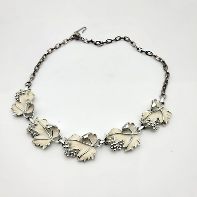 #ad Sarah Coventry Vintage Silver Tone White Enabled Grape Leaf Necklace $16.95