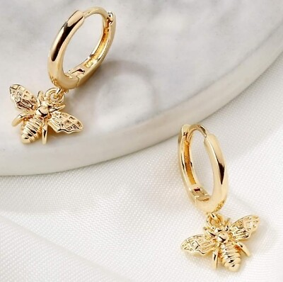 #ad Yesteel 925 Silver Bee Huggie Hoop Earrings 14K Gold Plated Small Dangle NEW $14.99