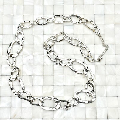 #ad Hammered Silver Tone Oval Link Chain Statement Necklace The Vintage Strand #3287 $12.74