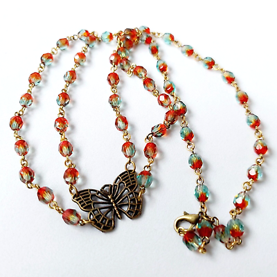 #ad Murano Glass Necklace 21#x27;#x27; Czech Old Beads Women`s Jewelry Butterfly Pendant $42.75