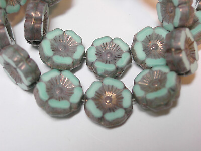 #ad 12 beads Mint Green Silk w Blue Bronze Czech Glass Flower Beads 12mm $6.99