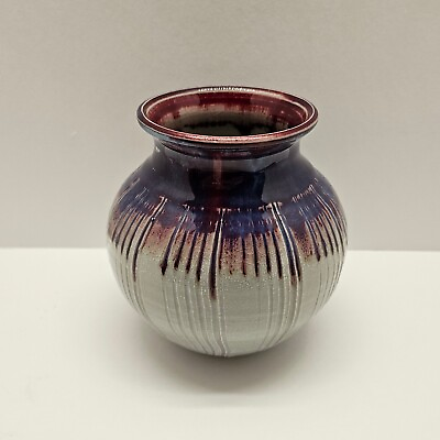 #ad Studio Art Pottery Vase Drip Glaze Blue Brown Rust Gray Artist Signed $35.00