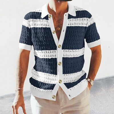 #ad Mens Knitted Shirts Spring Summer Short Sleeve Knit Cardigans Men Clothes Shirt $42.28