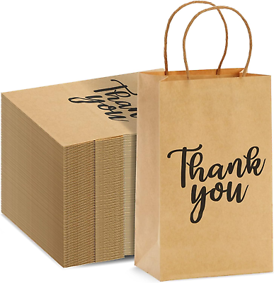 #ad 100 Pack Small Thank You Gift Bags with Handles Brown Kraft Paper Bulk Bags for $40.23