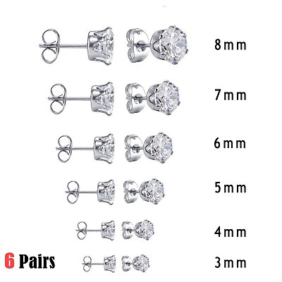 #ad 6 Pairs Set Stainless Steel Round Clear Cubic Zirconia Men Women Stud Earrings $11.99
