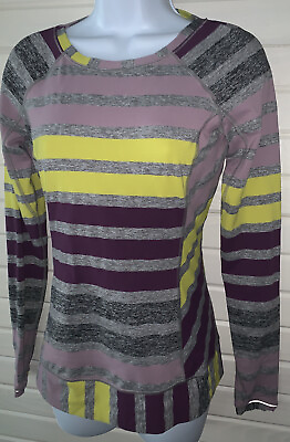 #ad Lululemon Sz 4 Race Your Pace L S Shirt Purple Yellow Gray Stripe RULU Fabric $25.99