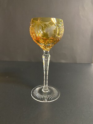 #ad Ajka Marsala Crystal Small Wine Glass Golden Amber Yellow Cut to Clear Handmade $89.99