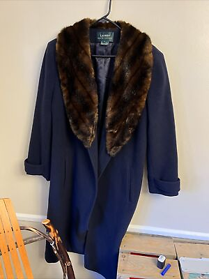 #ad Lauren Ralph Women#x27;s Navy 100% Wool Coat Faux Fur Shawl Collar Size 8 $149.00
