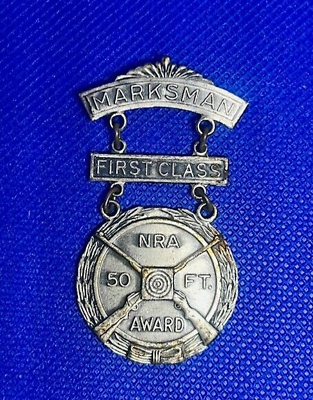 #ad Vintage NRA 50 FT Award Marksman Pin Medal Stamped BLACKINTON Silver $4.24