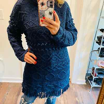 #ad Vintage Teal Blue Hand Knit Cable Knit Fringe Sweater Dress Long Tunic Sweater $30.00