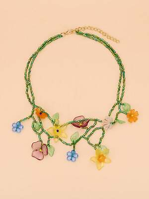 #ad 1pc Green Beaded Flower Multi Layered Necklace For Women $6.32