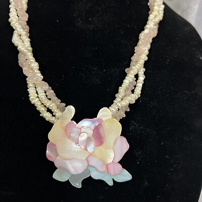 #ad Vintage 80’s Hawaiian White Freshwater Pearl Rose Quartz Necklace Shell Flower $28.00