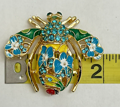 #ad Aqua Blue Enamel Vintage Crystal Rhinestone Bee Insect Flower Brooch Pin Green $11.99