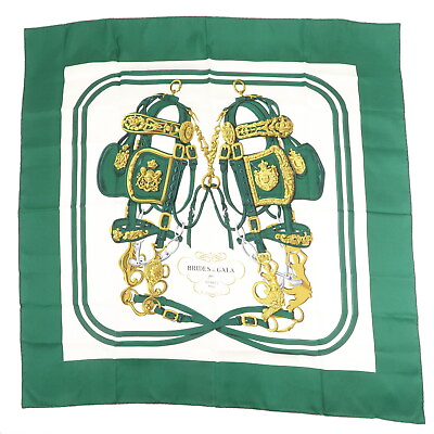 #ad Authentic HERMES Carre 90 Silk 100% Scarf BRIDES de GALA Green White Used F S $182.75