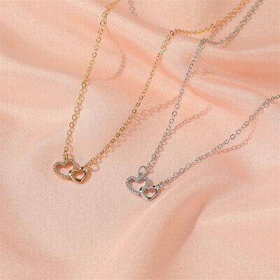 925 Silver Double Heart Rhinestone Pendant Necklace Chain for Women Xmas Gift C $2.77