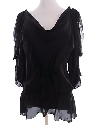 #ad White House Black Market Size S Black Tunic Blouse Silk 100% Sleeve 3 4 Frill $65.99