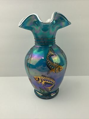 #ad Fenton Designer Showcase Series Turquoise Pearlized Overlay 9quot; Vase Signed X 3 $200.00