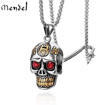 MENDEL Gothic Mens Stainless Steel Punk Biker CZ Skull Pendant Necklace For Men $12.99
