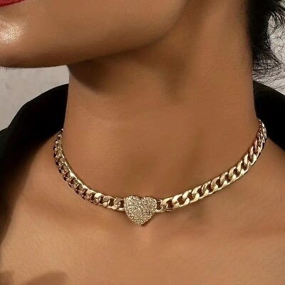 #ad #ad Golden Hip Hop Style Chunky Chain Love Heart Choker Inlaid Rhinestone Neck Gift $15.98