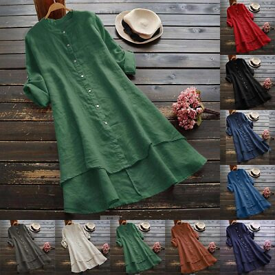 #ad Plus Size Women Cotton Linen Baggy Shirt Dress Ladies Tunic Dress Midi Dress US $20.32