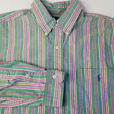 #ad Ralph Lauren Mens Long Sleeve Button Shirt Pony L Green Mulitcolor Stripe Cotton $12.50