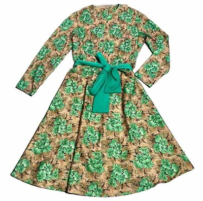 #ad Vintage Green Brown 1960s Floral Tie Waist Flare Midi Dress Size 18 XL $85.00
